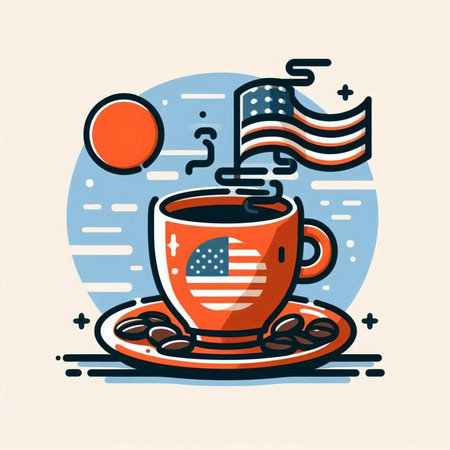 Coffee cup and American flag. Vector illustration in flat style.のイラスト素材