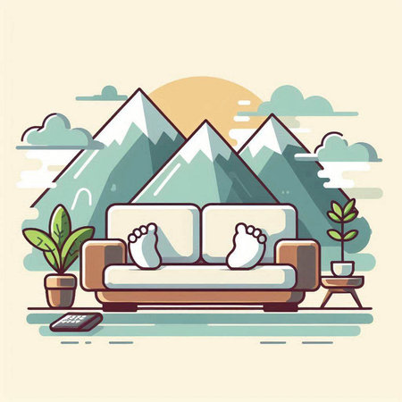 Sofa in the flat style with mountains. Vector illustration.のイラスト素材