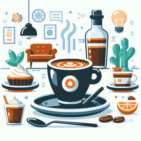 Coffee cup with latte art and coffee shop elements, vector illustrationのイラスト素材