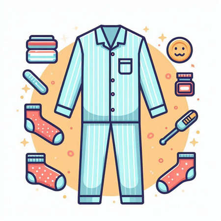 Vector illustration of pajamas, clothing and accessories for sleep.のイラスト素材