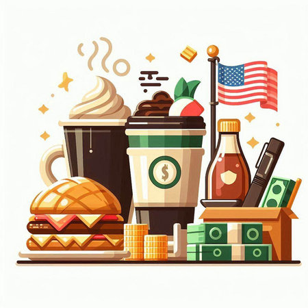 Coffee break. Vector flat illustration of coffee and food on the background of american flag.のイラスト素材