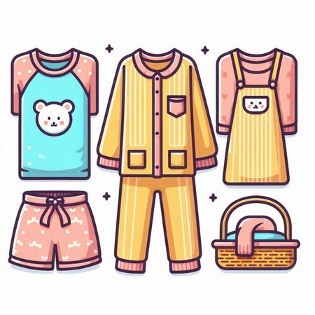 Set of cute pajamas and baby clothes. Vector illustration.のイラスト素材