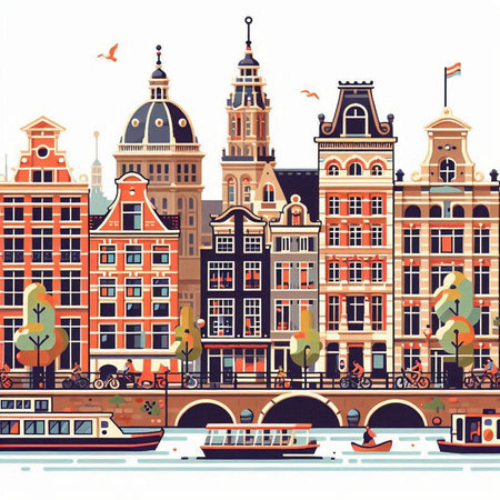 Amsterdam city with canals and bridges. Holland. Vector illustration.のイラスト素材