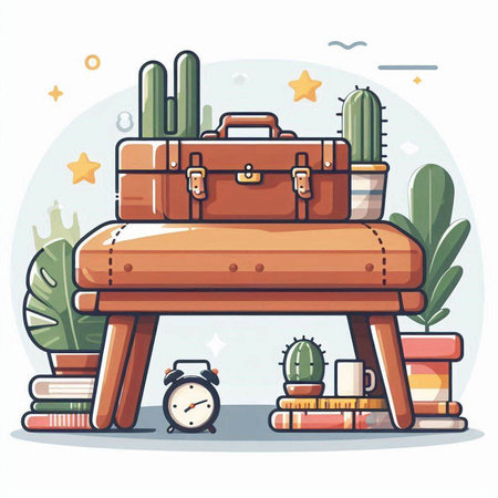 Vector illustration of a suitcase on a stool with books and cactuses.のイラスト素材