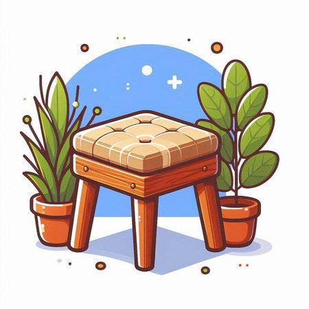 Wooden stool with potted plants. Vector illustration in cartoon style.のイラスト素材