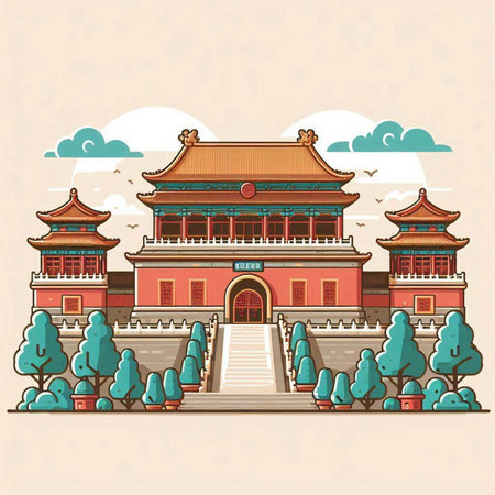 Chinese ancient building in the park. Vector illustration in flat style.のイラスト素材