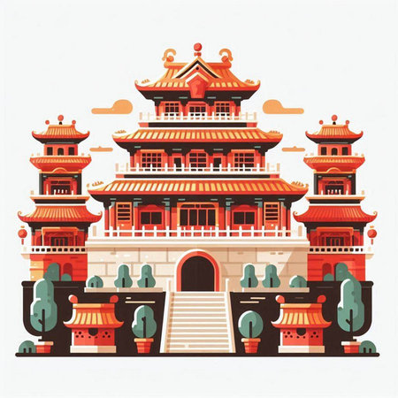Ancient Chinese building, vector illustration in flat style. Ancient Chinese architecture.のイラスト素材