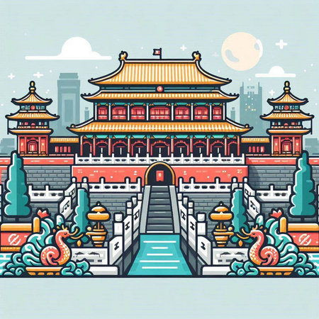 Ancient Chinese architecture. Vector illustration in line art style for your designのイラスト素材