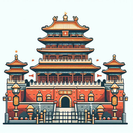 Ancient Chinese building. Vector illustration in retro style. Isolated on white background.のイラスト素材