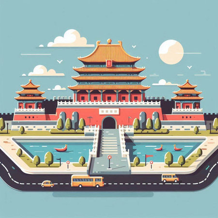 Chinese ancient buildings in the park. Vector illustration in flat style.のイラスト素材
