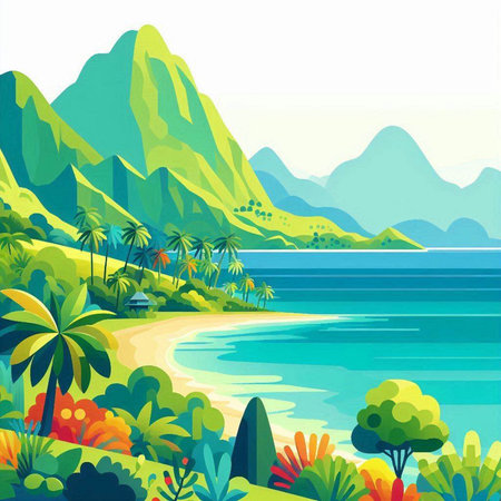 Seascape with palms and mountains. Vector illustration. EPS10のイラスト素材