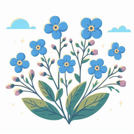Blue forget-me-not flowers with leaves. Vector illustration.のイラスト素材