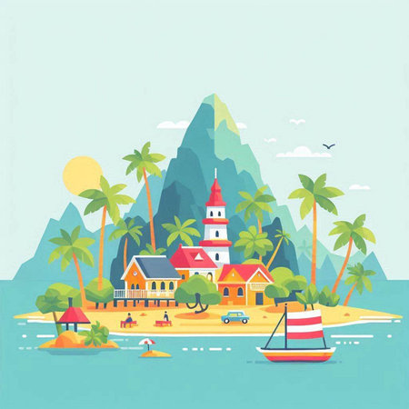Vector illustration of the island on the seashore in flat styleのイラスト素材