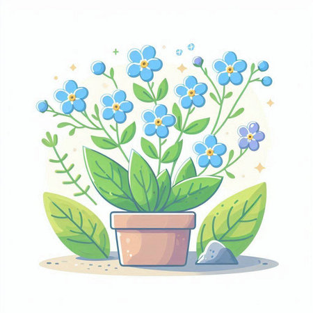Flowerpot with blue forget-me-nots. Vector illustrationのイラスト素材