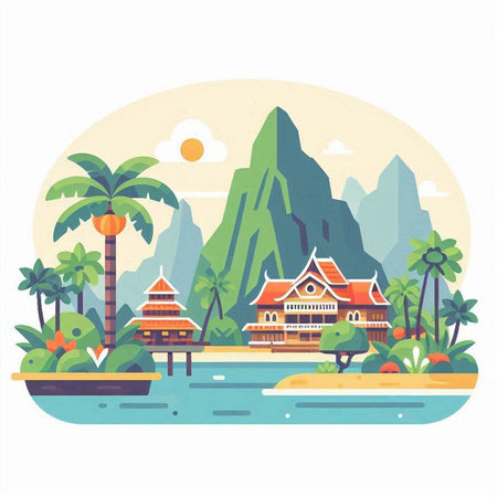 Thai temple on tropical island. Vector illustration in flat style.のイラスト素材