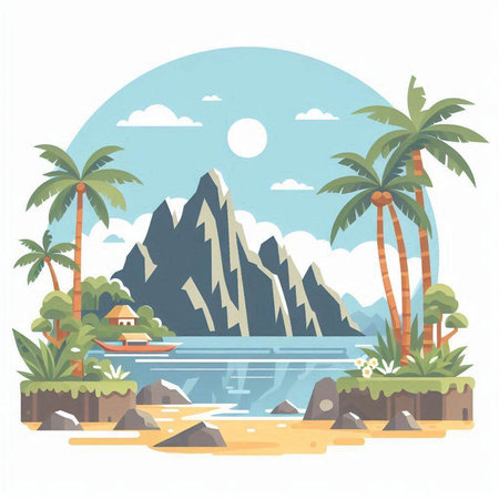 Tropical island with palm trees and mountains, vector illustration.のイラスト素材