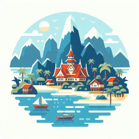 Vector illustration of a tropical island with palm trees, bungalows, boats and mountains.のイラスト素材