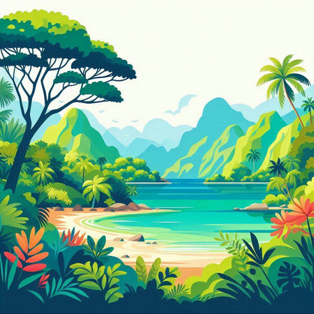 Tropical landscape with palm trees, sea and mountains. Vector illustrationのイラスト素材