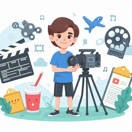 Cute boy with camera and film. Vector illustration in cartoon styleのイラスト素材