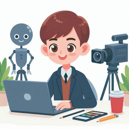 Boy working at home with a laptop and a robot. Vector illustration.のイラスト素材