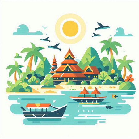 Tropical island with palm trees and boats. Flat vector illustration.のイラスト素材