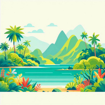 Tropical landscape with palm trees and river. Vector illustration.のイラスト素材