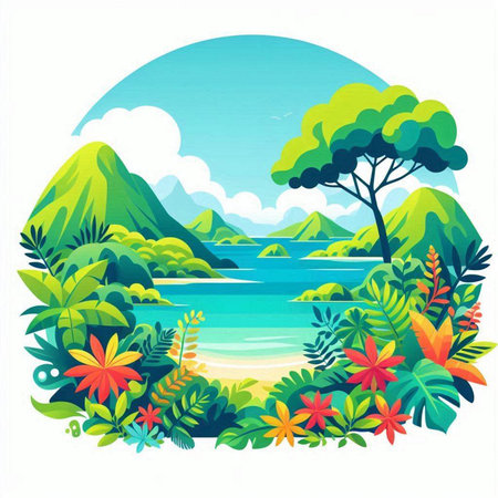 Tropical island landscape with palm trees and flowers. Vector illustration.のイラスト素材
