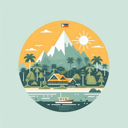 Vector illustration of a tropical island with palm trees, mountains and a boat.のイラスト素材