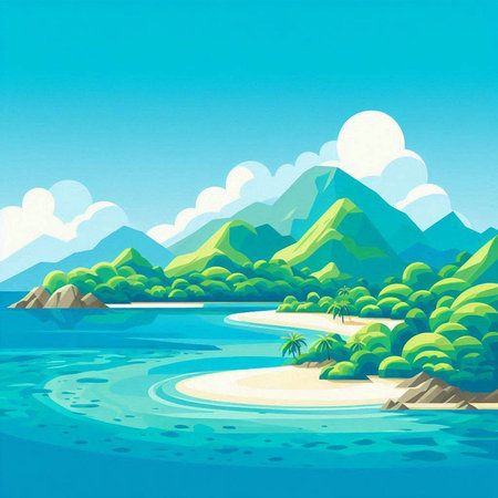 Illustration of a tropical island with a beach and mountains in the backgroundのイラスト素材