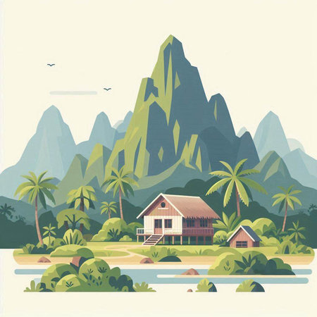 Landscape with mountain, river, village and palm trees. Vector illustrationのイラスト素材