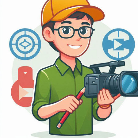 Illustration of a Young Male Worker Holding a Video Camera and Repairing Projectorのイラスト素材