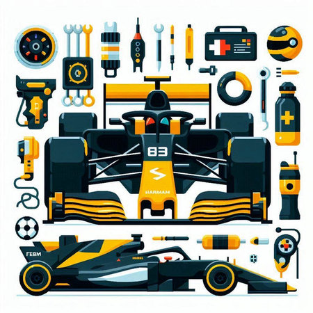 Set of racing equipment and accessories. Flat style. Vector illustration.のイラスト素材