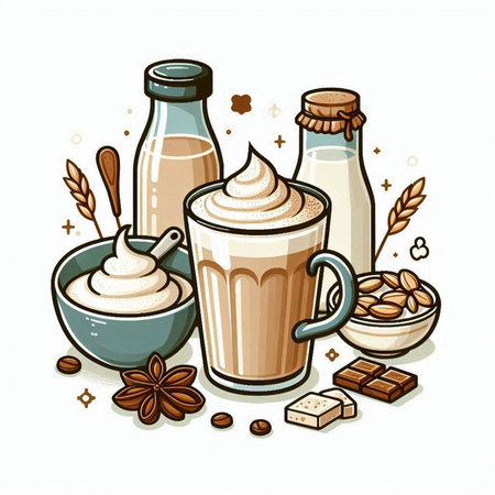 Coffee latte with milk, ice cream, coffee beans, cinnamon, star anise. Vector illustration.のイラスト素材
