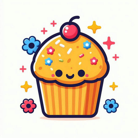 Cute cupcake with flowers and stars. Vector illustration in cartoon style.のイラスト素材