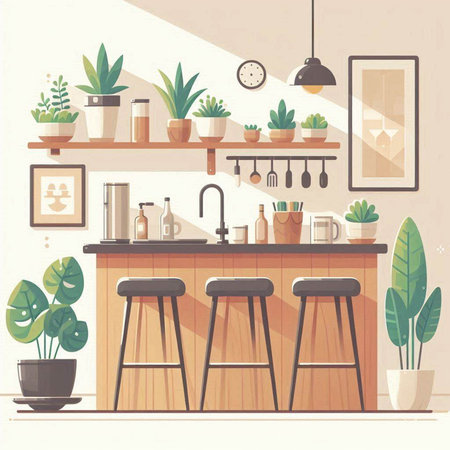 Kitchen interior with bar counter, shelves and plants. Vector illustrationのイラスト素材