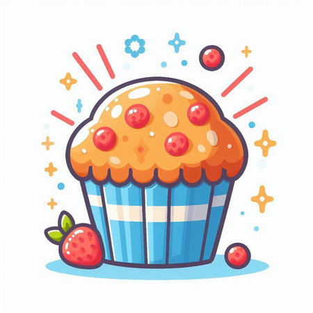 Cupcake with strawberries. Vector illustration in flat cartoon style.のイラスト素材