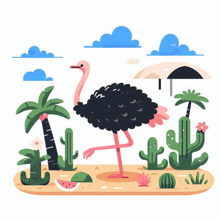 Ostrich on the beach. Vector illustration in flat style.のイラスト素材