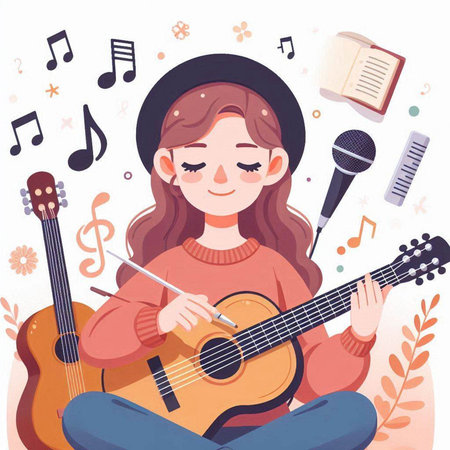 Vector illustration of a girl in a hat with a guitar and music notes.のイラスト素材