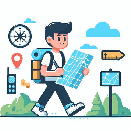 Man with backpack and map. Vector illustration in flat cartoon style.のイラスト素材