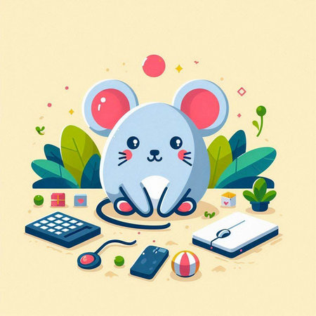 Cute cartoon mouse. Vector illustration of a mouse with a lot of things.のイラスト素材