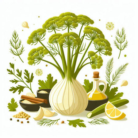 Illustration of fresh fennel, garlic, parsley, dill and olive oilのイラスト素材