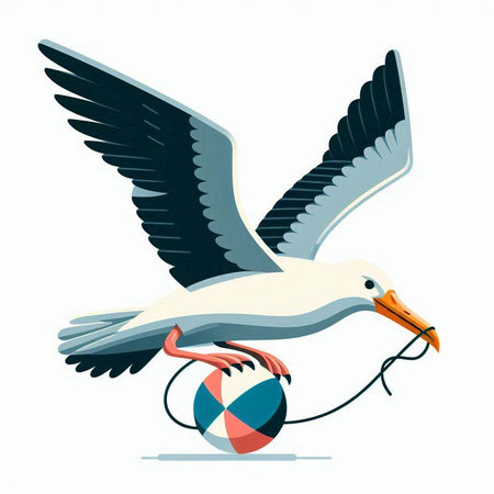 Flying seagull with ball. Vector illustration isolated on white background.のイラスト素材