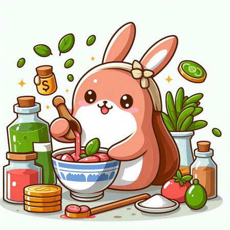 Rabbit with a bowl of ingredients for cooking. Vector illustration.のイラスト素材