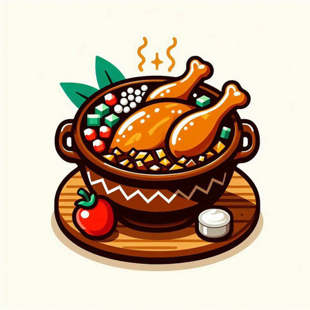 Illustration of a bowl of soup with chicken legs and vegetables.のイラスト素材