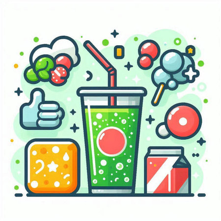 Green smoothie in plastic cup with straw and soda can. Vector illustration.のイラスト素材