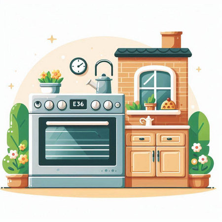 Kitchen interior with stove and oven. Flat style vector illustration.のイラスト素材
