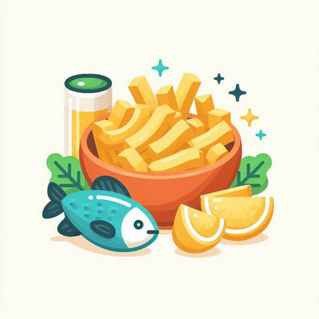 Vector illustration of french fries in a bowl with fish and lemon.のイラスト素材