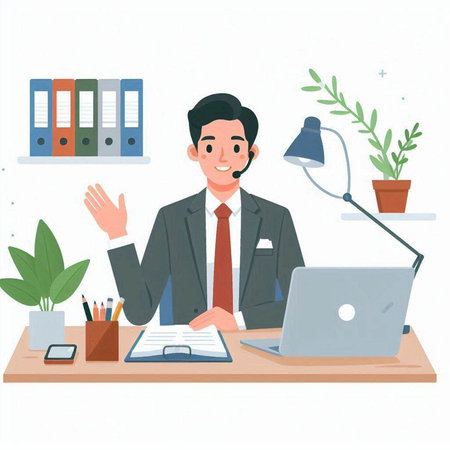 Businessman working at his desk. Vector illustration in flat style.のイラスト素材
