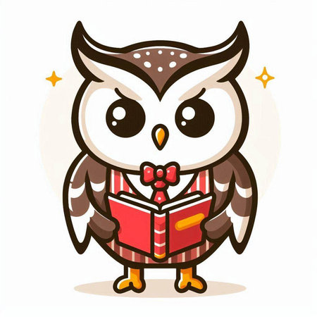 Cute owl reading a book on white background. Vector illustration.のイラスト素材
