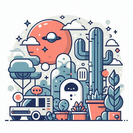 Vector illustration in trendy linear style with cactuses, campervan, moon and stars on white background.のイラスト素材